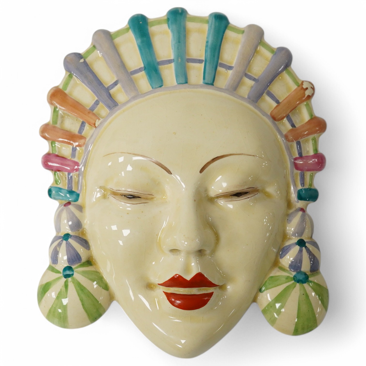 A Clarice Cliff Bizarre ‘Marlene’ face wall mask, 18cm high. Condition - some decoration missing to headdress.